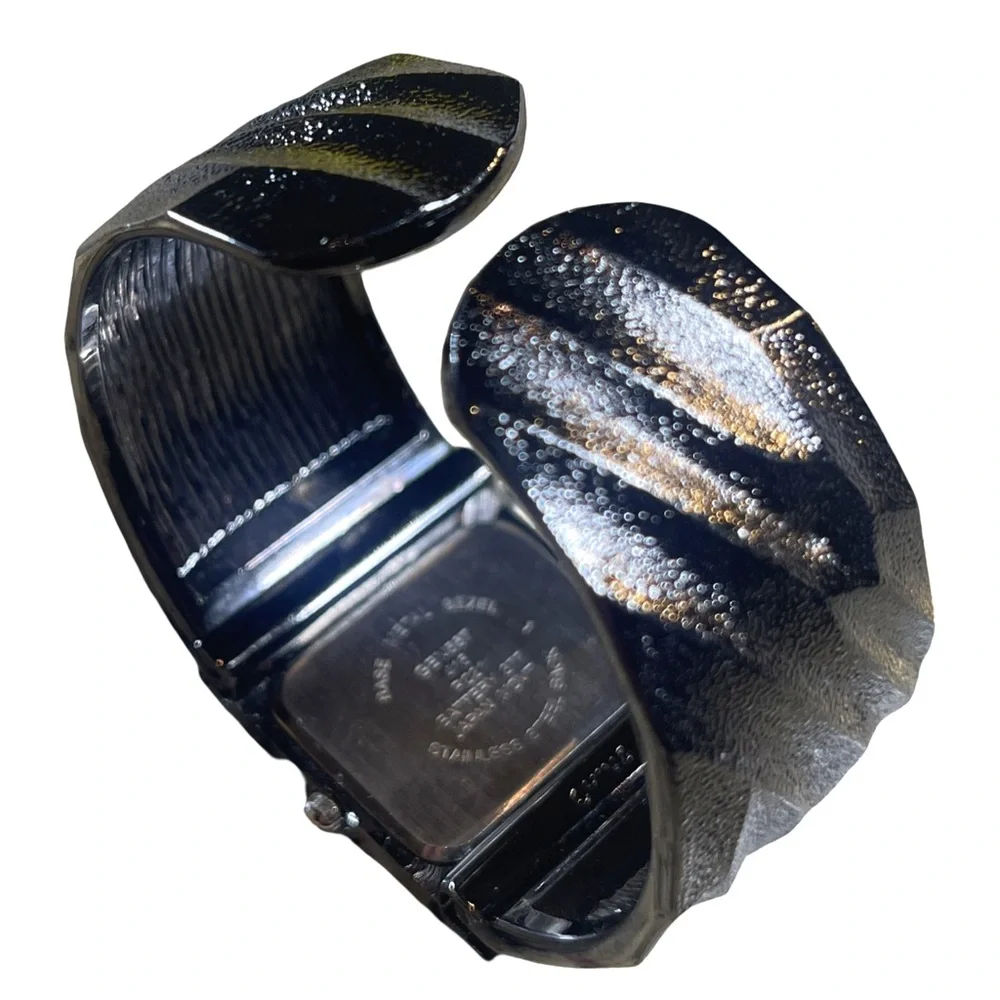 Elegant Black & Silver Rhinestone Cuff Bangle Watch | Japan Movt